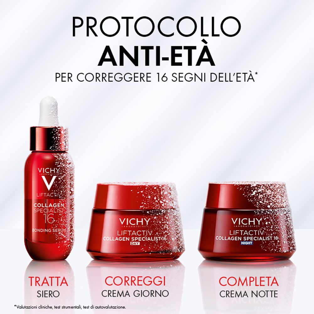 Prodotti Vichy su sfondo bianco. Contiene siero, crema giorno e notte. Testo: Protocollo Anti-Età.