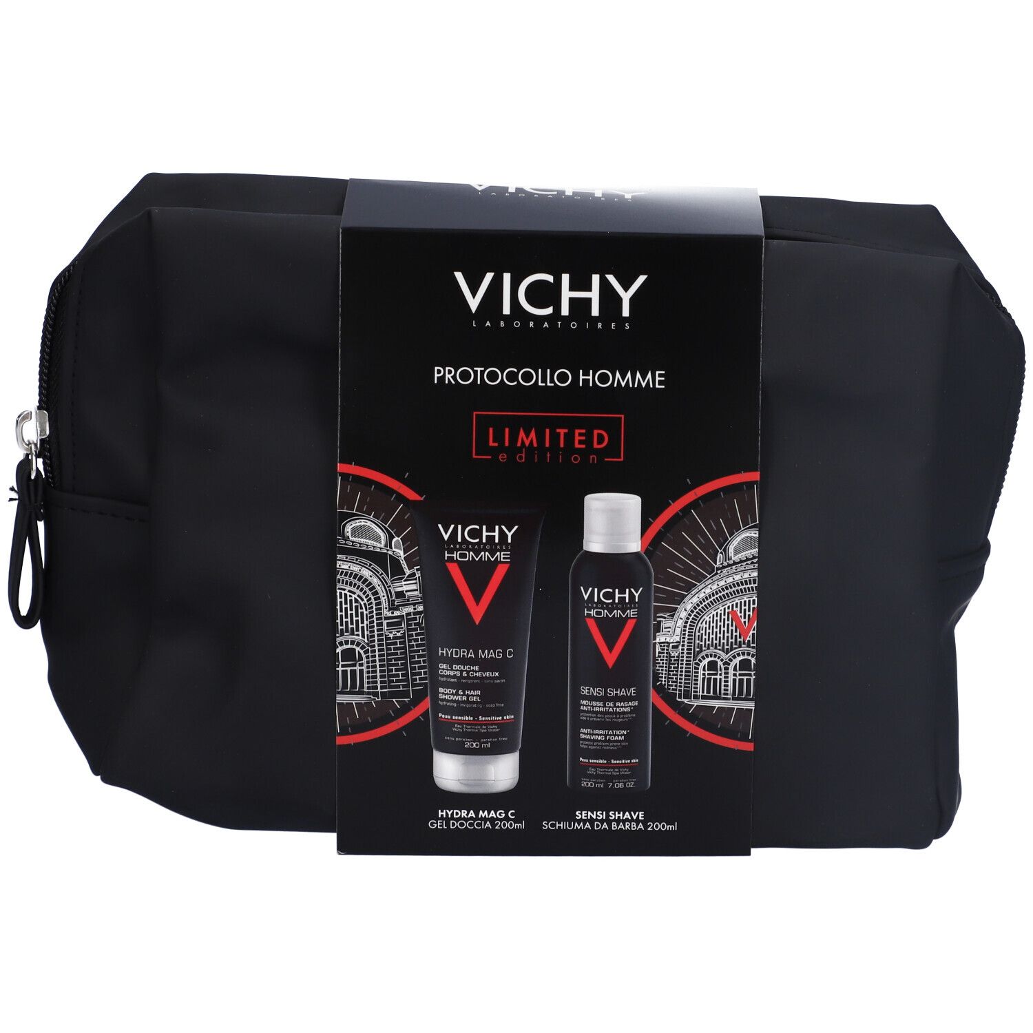 Pochette nera con confezione prodotti Vichy. Contiene gel doccia e schiuma da barba. Scritta: LIMITED EDITION.