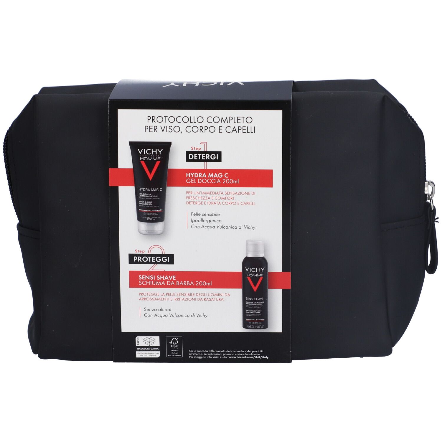 Pochette nera con confezione prodotti Vichy. Contiene gel doccia e schiuma da barba. Testo: PROTOCOLLO COMPLETO PER VISO, CORPO E CAPELLI.