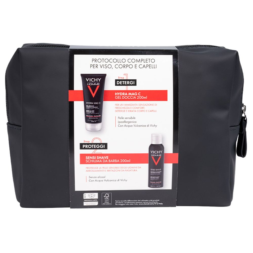 Pochette nera con confezione prodotti Vichy. Contiene gel doccia e schiuma da barba. Testo: PROTOCOLLO COMPLETO PER VISO, CORPO E CAPELLI.
