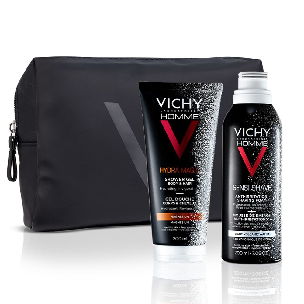 Pochette nera con prodotti Vichy. Contiene Hydra Mag C gel doccia e Sensi Shave schiuma da barba. Sfondo nero.