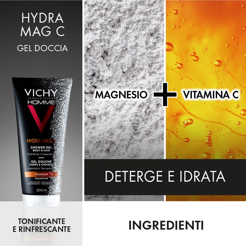Immagine del prodotto Hydra Mag C Gel Douche. Contiene magnesio e vitamina C. Testo: DETERGE E IDRATA. Tonificante e rinfrescante.