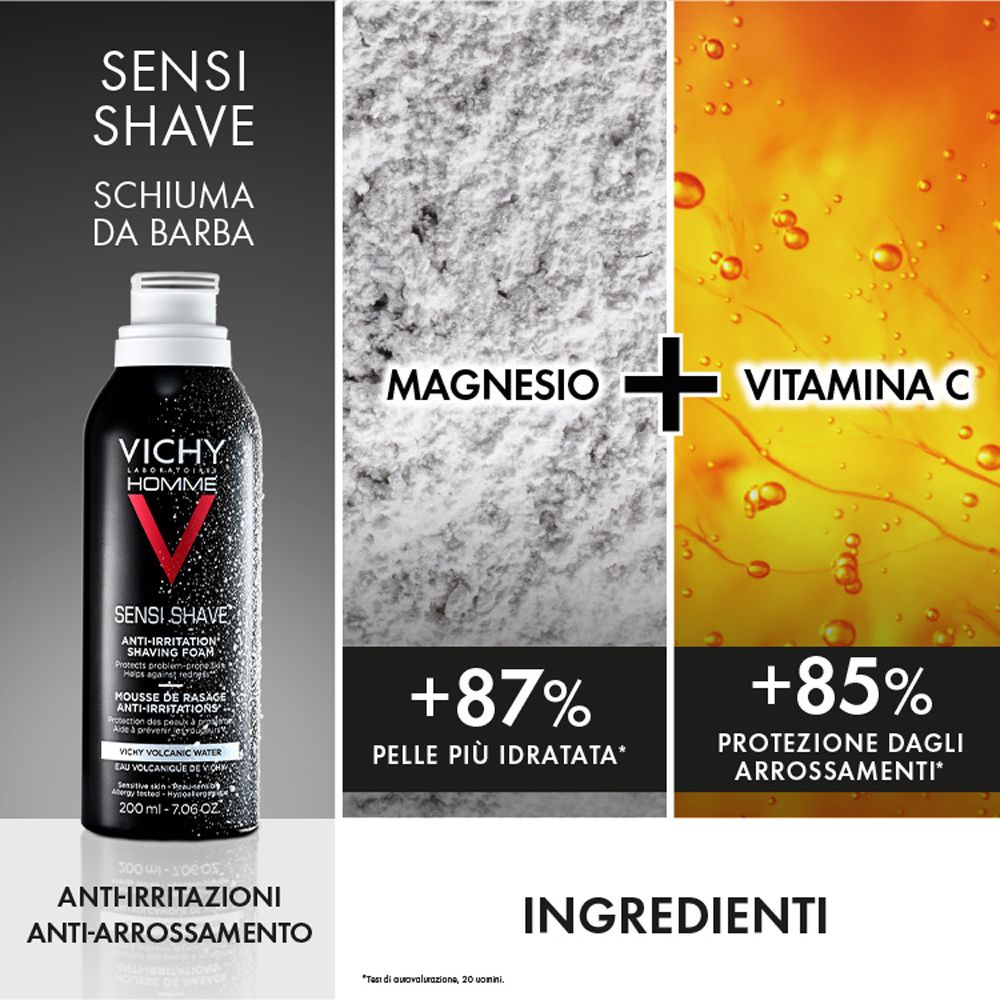 Immagine del prodotto Sensi Shave Schiuma da Barba. Contiene magnesio e vitamina C. Testo: +87% PELLE PIÙ IDRATATA, +85% PROTEZIONE DAGLI ARROSSAMENTI.