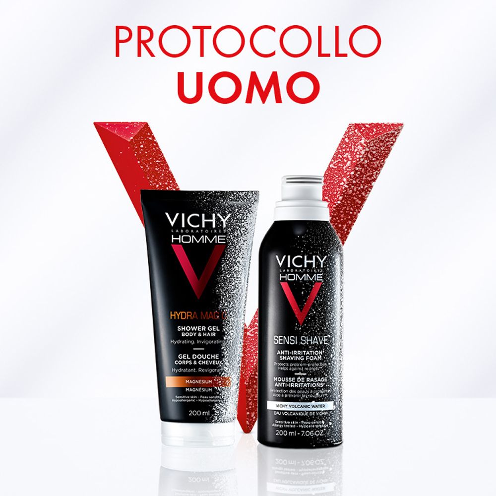 Immagine dei prodotti Hydra Mag C gel doccia e Sensi Shave schiuma da barba. Testo: PROTOCOLLO UOMO. Sfondo rosso con glitter.