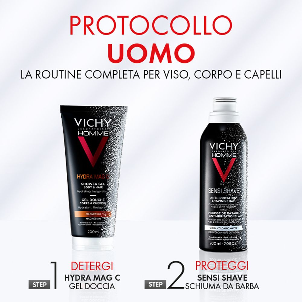 Immagine dei prodotti Hydra Mag C gel doccia e Sensi Shave schiuma da barba. Testo: PROTOCOLLO UOMO. Step 1: DETERGI. Step 2: PROTEGGI.