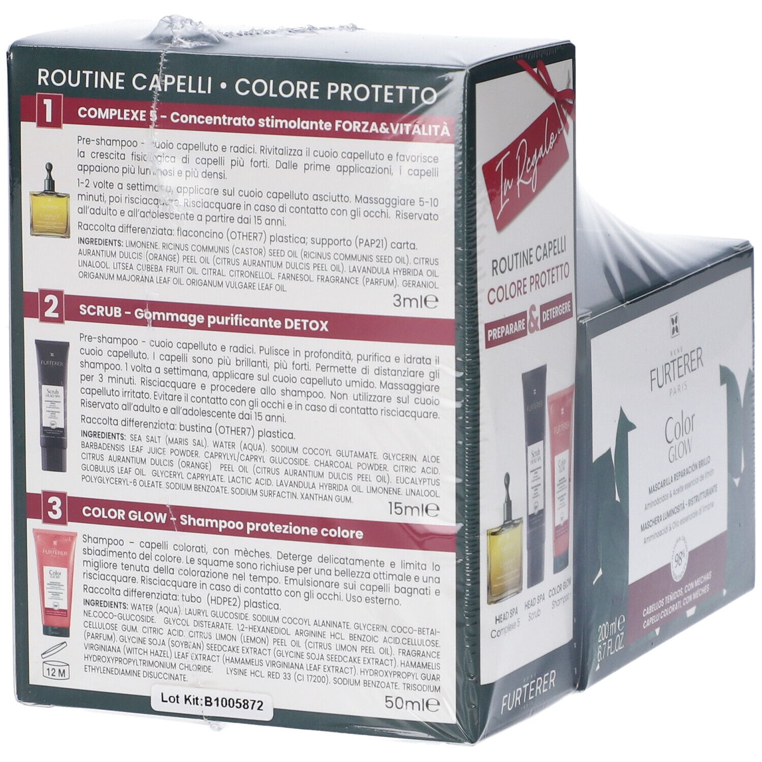 Confezione René Furterer Color Glow. Contiene shampoo, scrub e Complex 5. Informazioni sul prodotto sulla confezione.