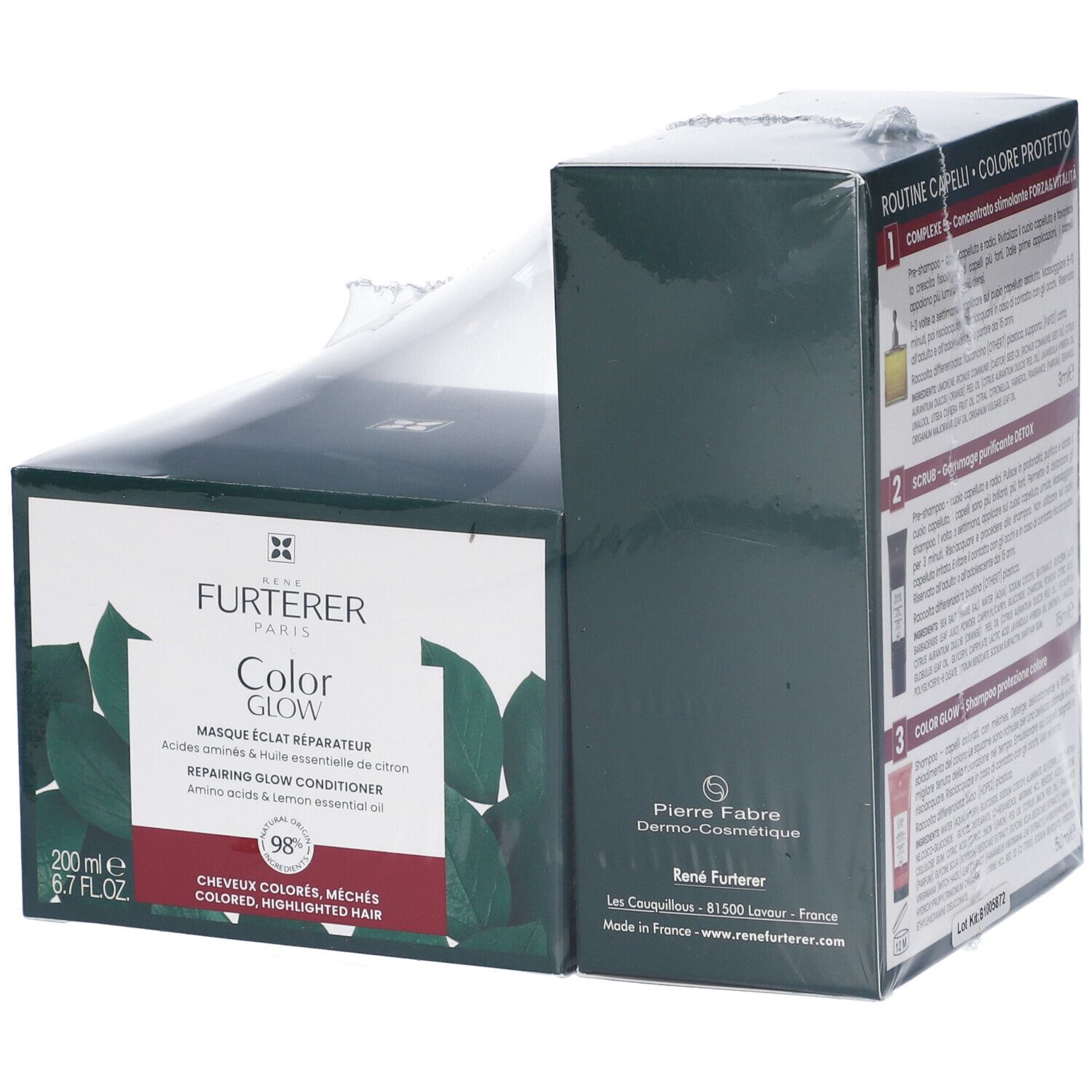 Confezione René Furterer Color Glow. Contiene maschera per capelli. Con logo e nome del prodotto. 200 ml.