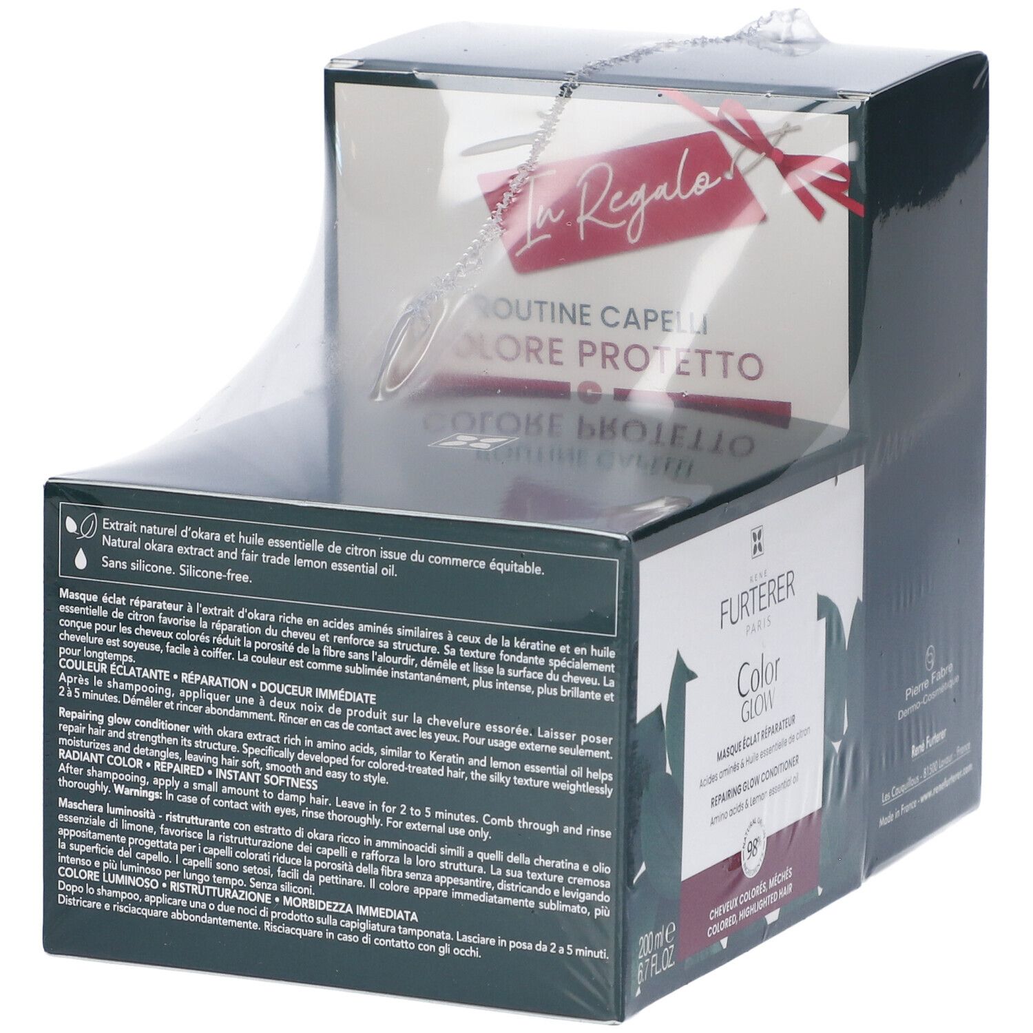 Confezione René Furterer Color Glow. Contiene maschera per capelli. Con informazioni sul prodotto. 200 ml.
