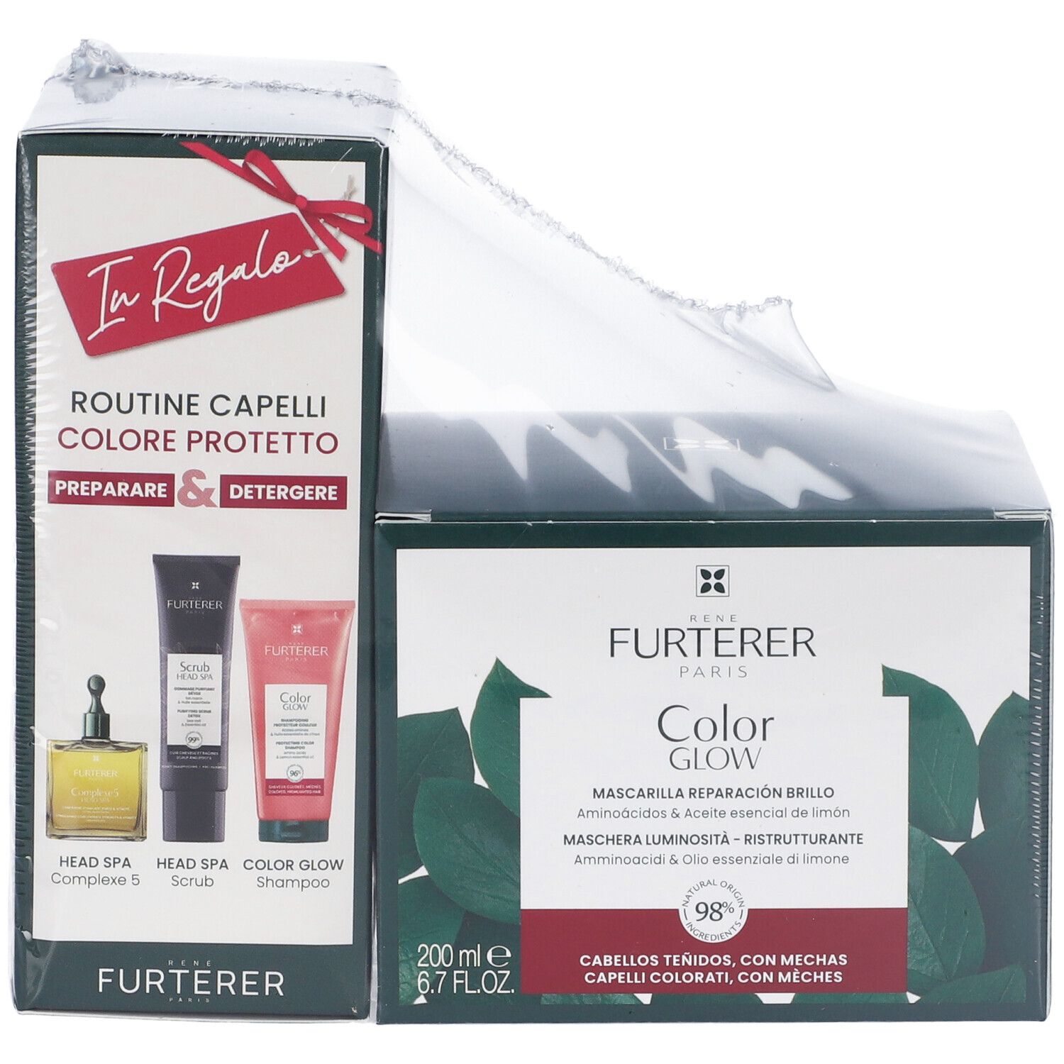 Confezione René Furterer Color Glow. Contiene shampoo, scrub e Complex 5. Confezione regalo.