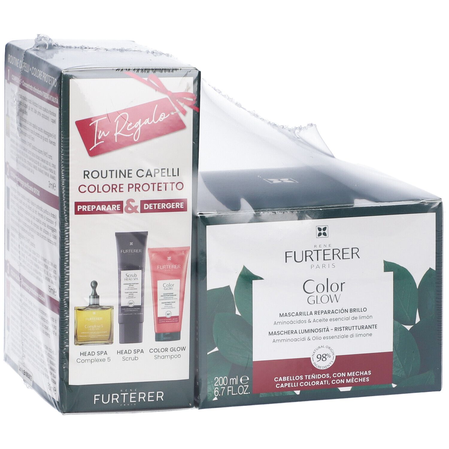 Confezione René Furterer Color Glow. Contiene shampoo, scrub e Complex 5. Confezione regalo.