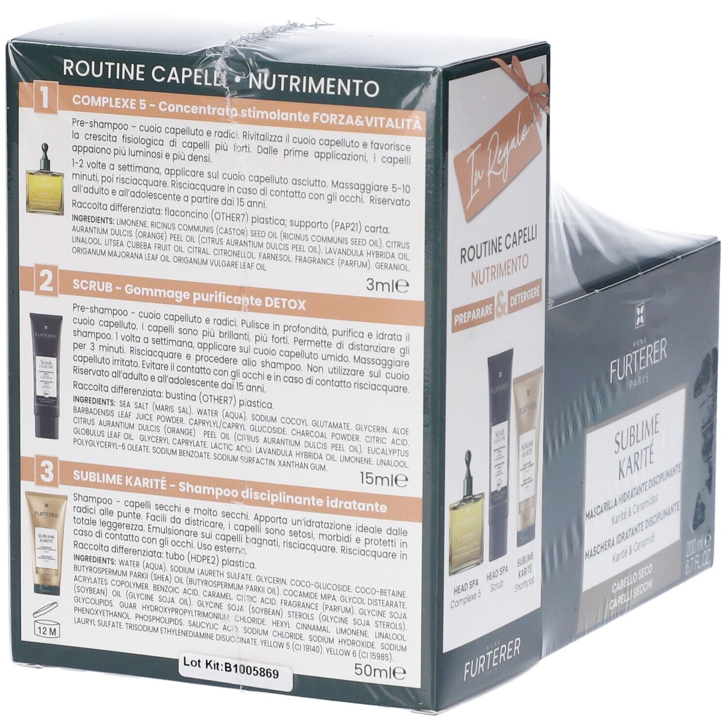 Confezione con testo. Contiene informazioni su "COMPLEXE 5", "SCRUB" e "SUBIME KARITE".