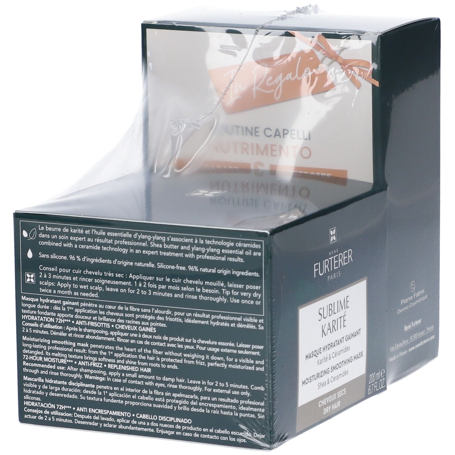 Confezione con testo. Contiene informazioni su "SUBIME KARITE" e "Masque hydratant gainant".