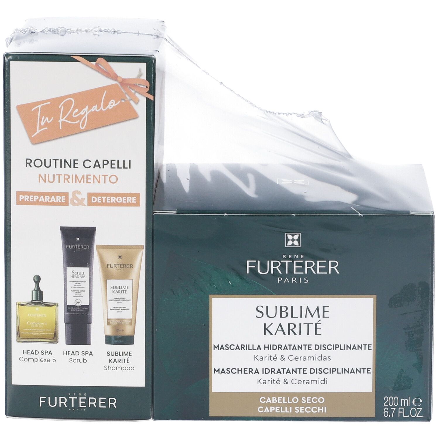 Confezione con due scatole. Visibile "SUBIME KARITE" e "Mascarilla Hidratante Disciplinante".