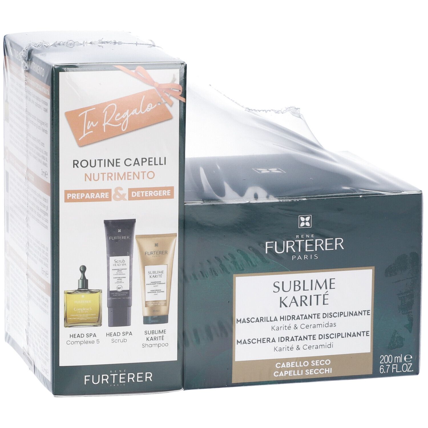 Confezione con due scatole. Visibile "SUBIME KARITE" e "Mascarilla Hidratante Disciplinante".