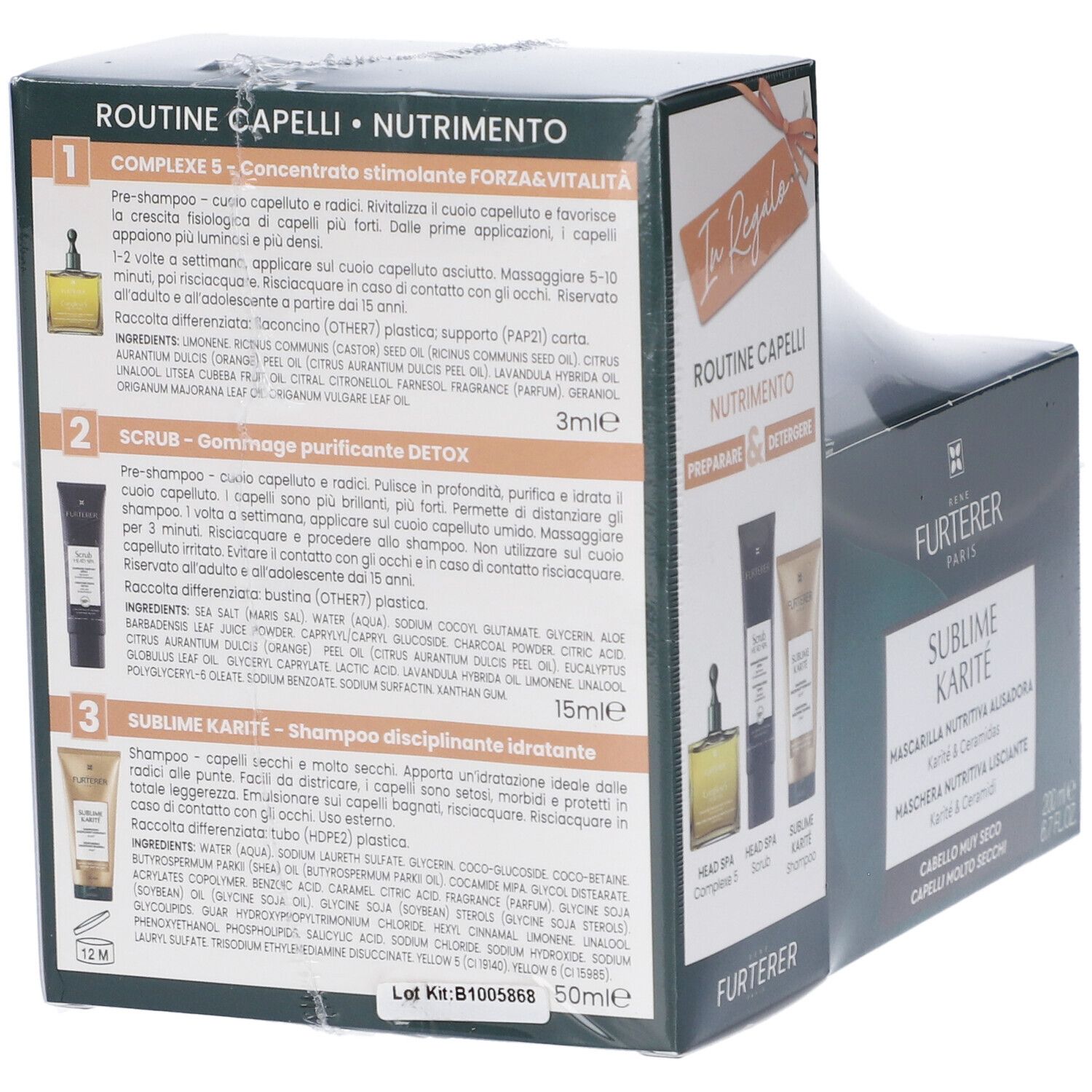 Retro della confezione René Furterer Sublime Karité. Informazioni sul prodotto e ingredienti.