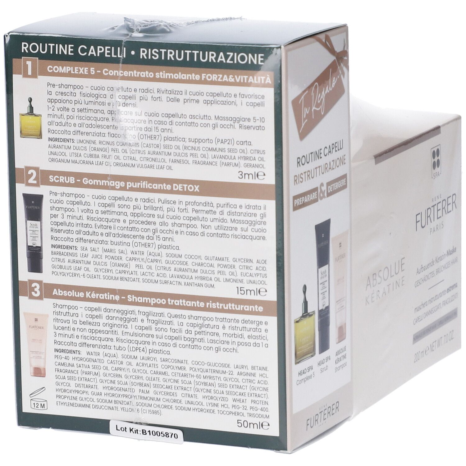 Retro della confezione René Furterer. Testo in tedesco, francese e italiano. Informazioni sul prodotto.