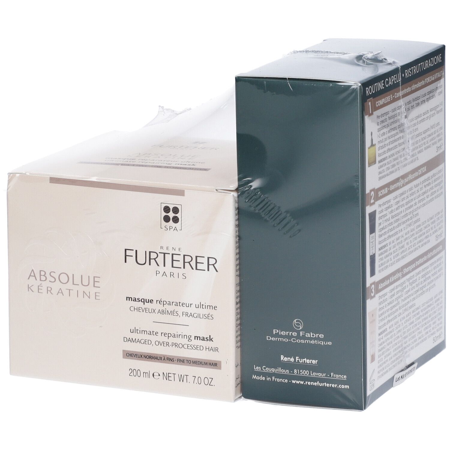 Confezione René Furterer Absolue Kératine. Testo in francese. Confezione trasparente.