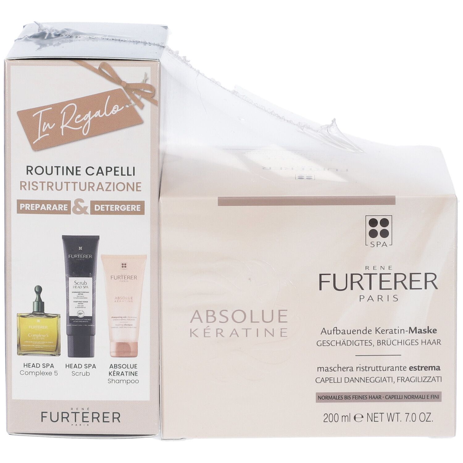 Confezione René Furterer con Absolue Kératine e altri prodotti. Confezione trasparente.
