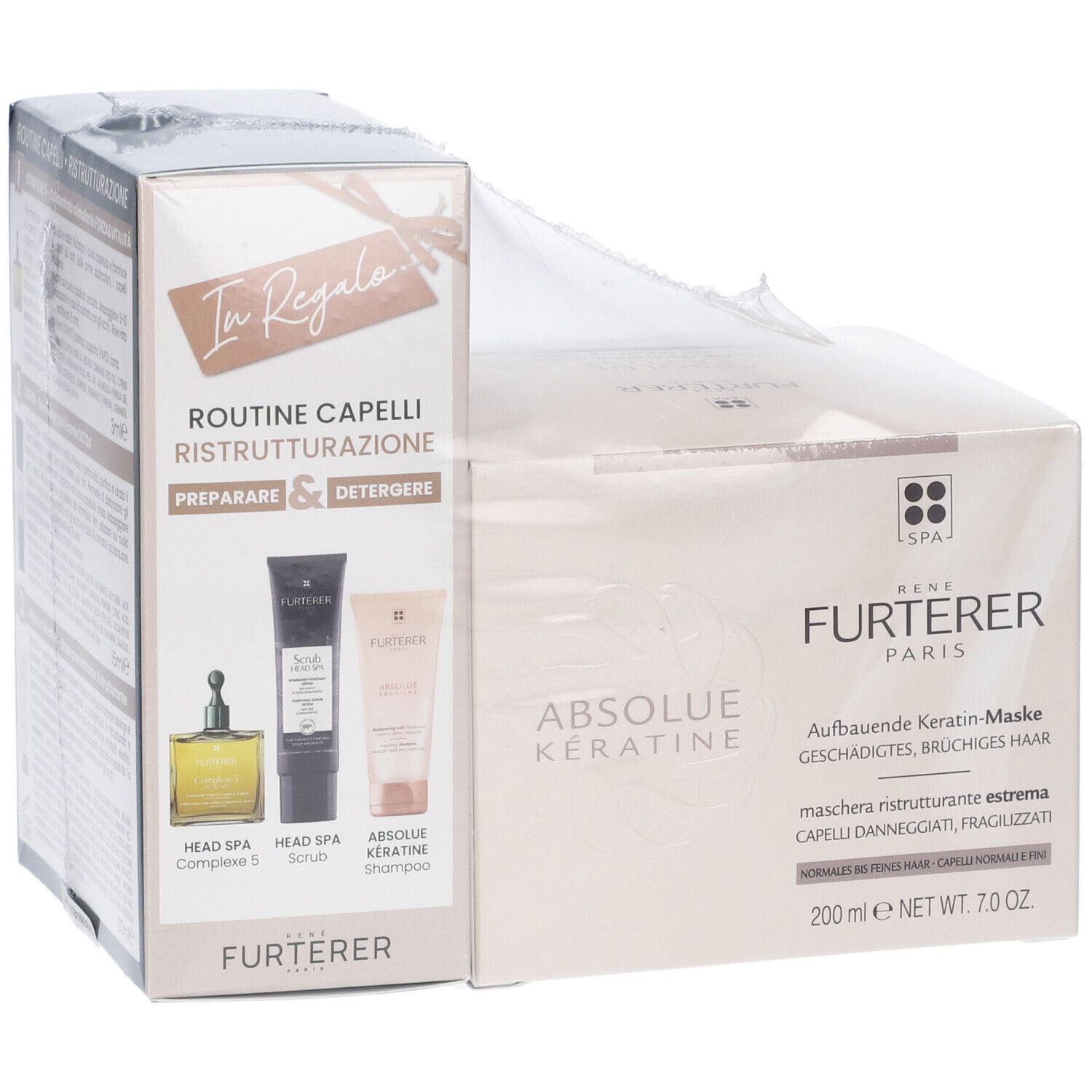 Confezione René Furterer con Absolue Kératine e altri prodotti. Confezione trasparente.
