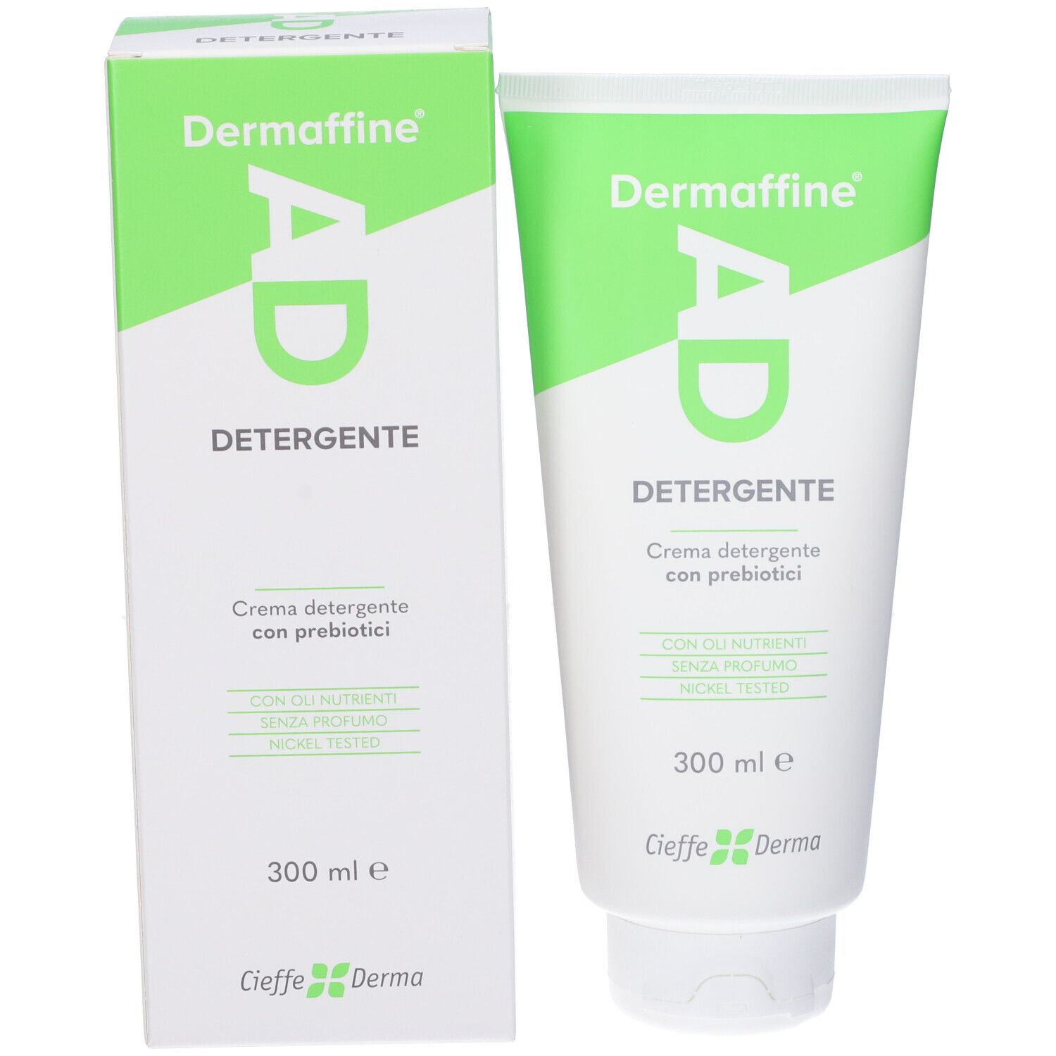 Confezione del prodotto: tubo e scatola. Entrambi mostrano il nome del prodotto e informazioni. Scritta: Dermaffine AD Detergente, 300 ml.
