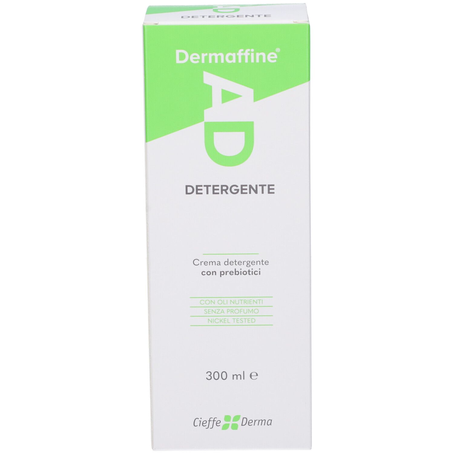 Scatola bianca con nome del prodotto e informazioni. Scritta: Dermaffine AD Detergente, 300 ml.