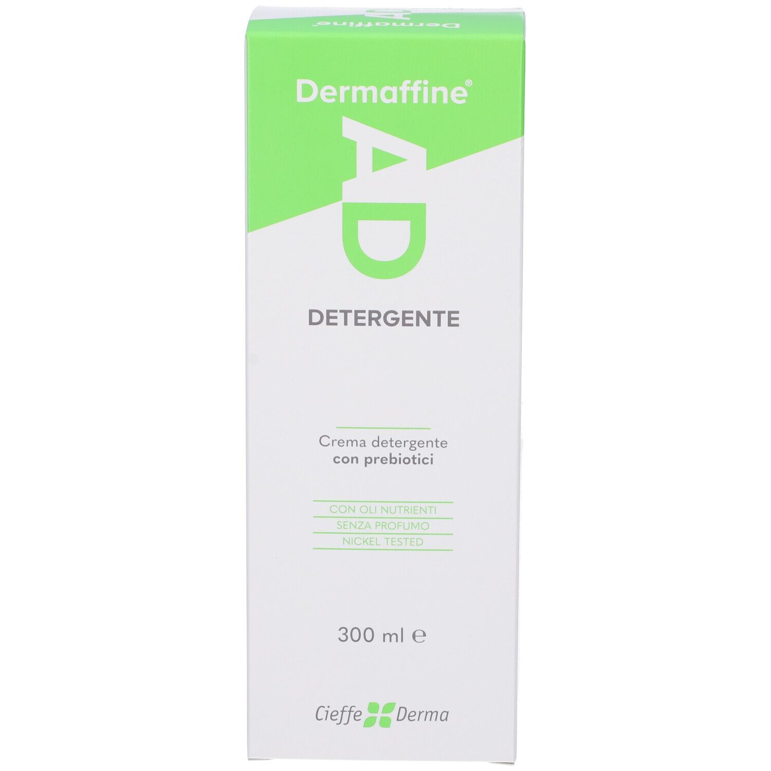 Scatola bianca con nome del prodotto e informazioni. Scritta: Dermaffine AD Detergente, 300 ml.