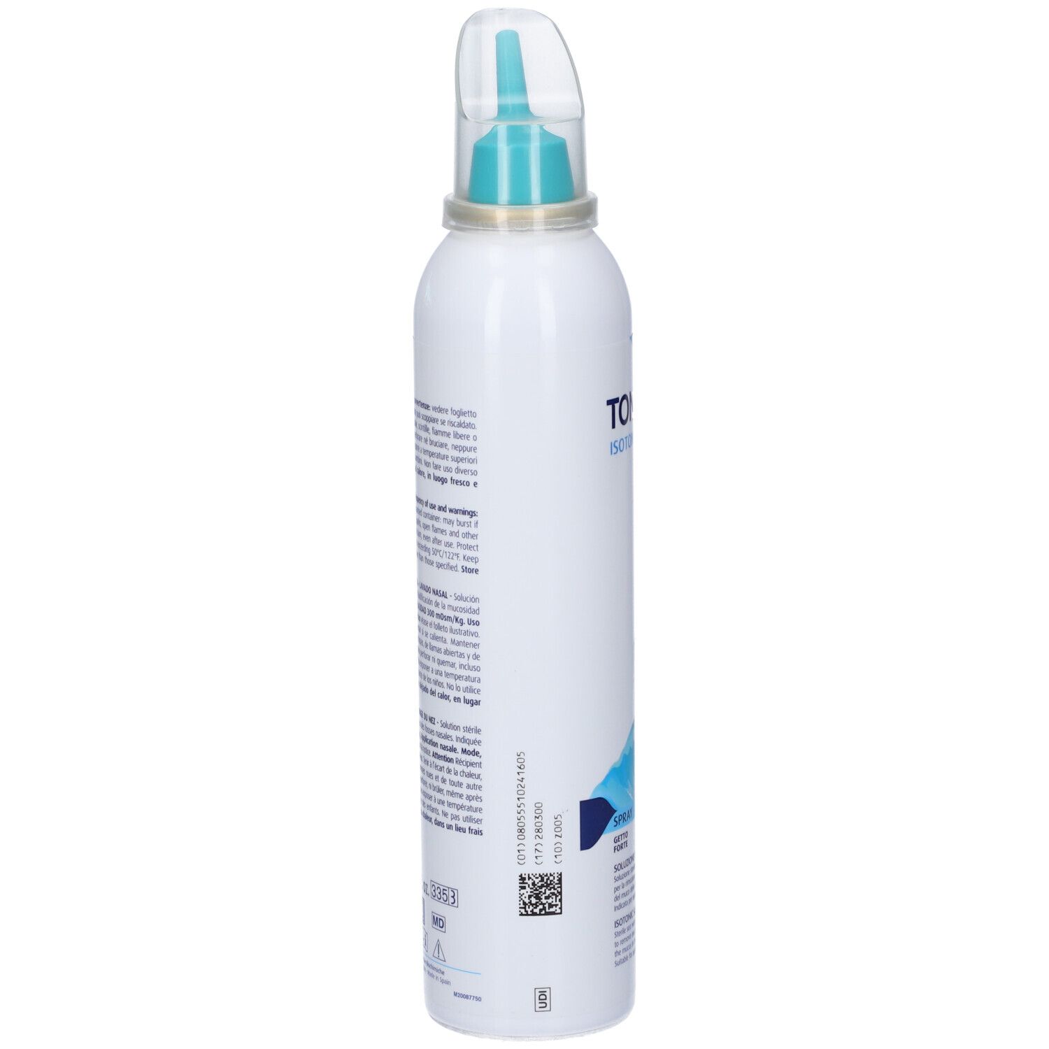 Flacone spray nasale bianco con testo e codice a barre sul retro. Con erogatore e cappuccio.
