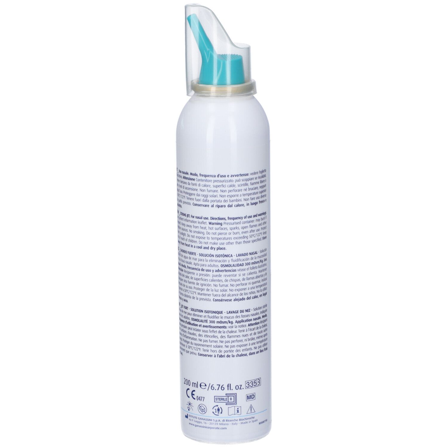 Flacone spray nasale bianco con testo. Con erogatore e cappuccio. Scritta: 200 ml/6,76 fl. oz. Marchio CE.