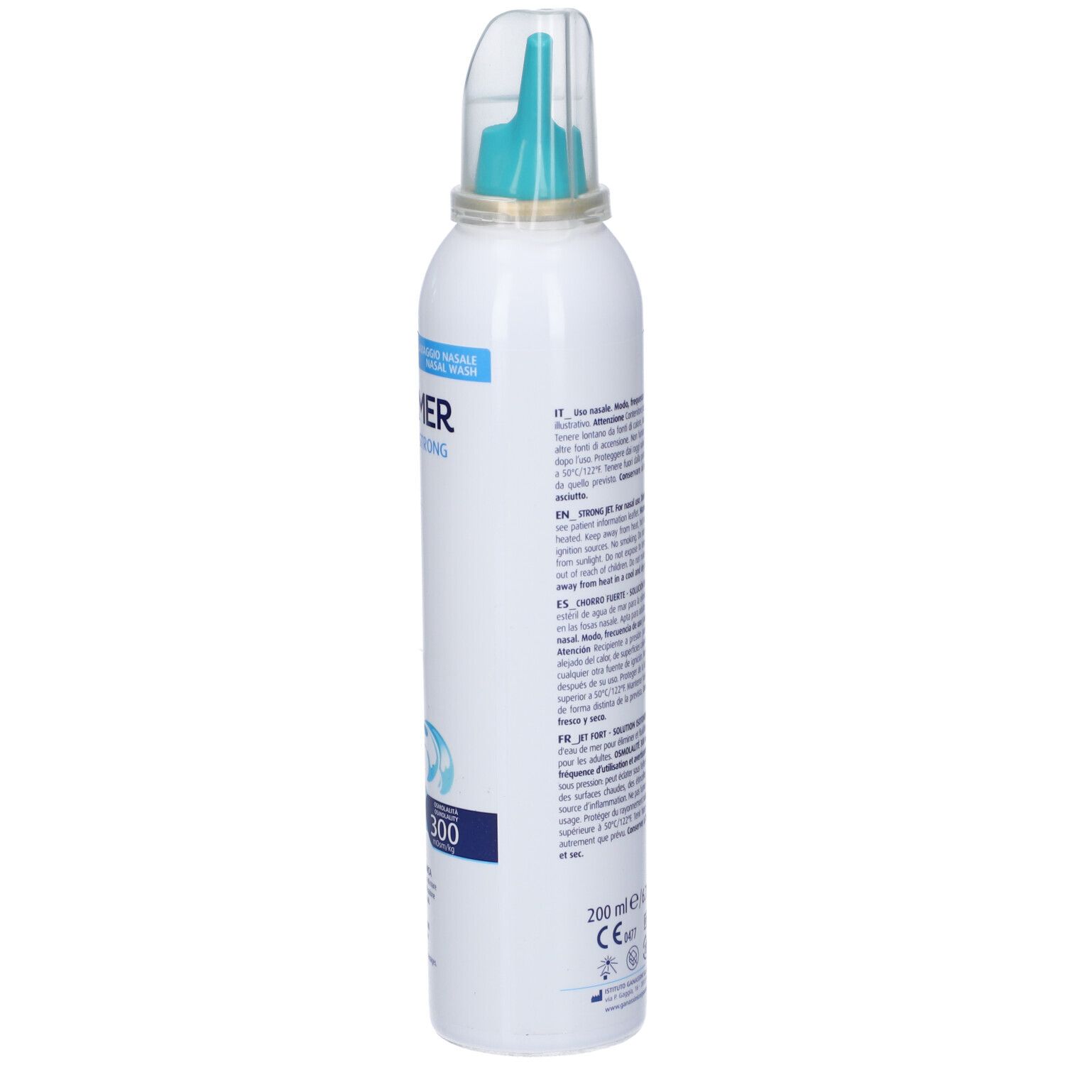 Flacone spray nasale bianco con testo. Con erogatore e cappuccio. Scritta: 200 ml.