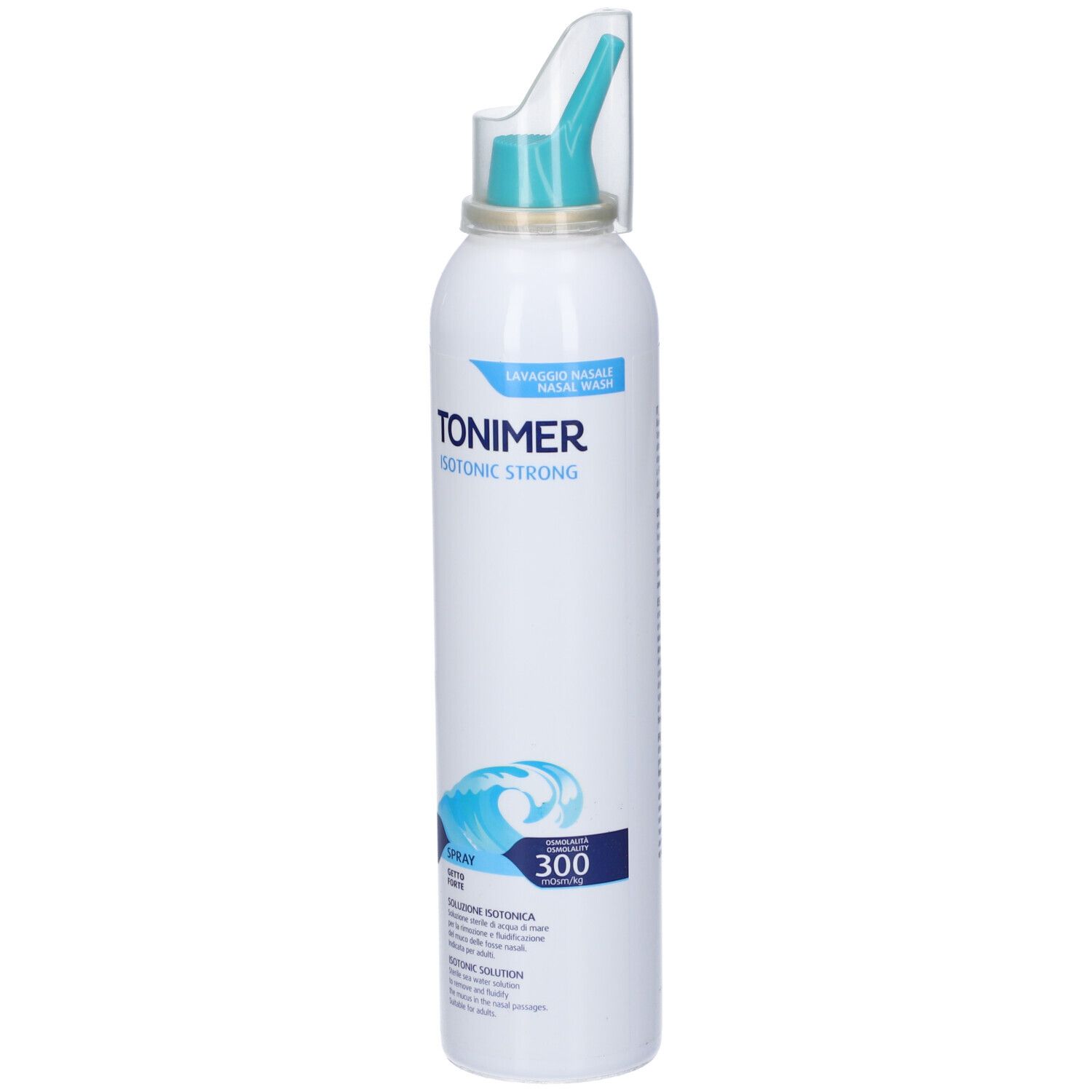 Flacone spray nasale bianco con stampa blu. Con erogatore e cappuccio. Scritta: TONIMER ISOTONIC STRONG.