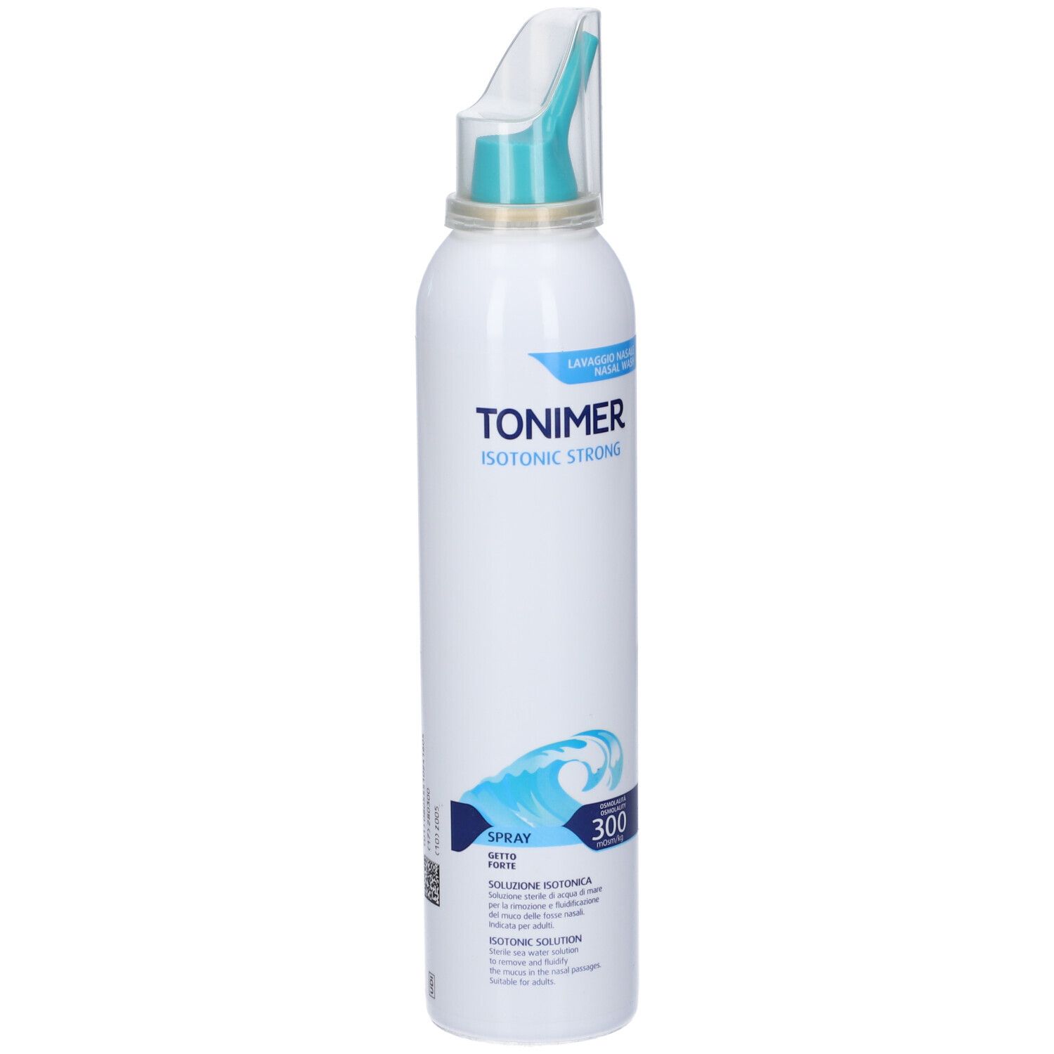 Flacone spray nasale bianco con stampa blu. Con erogatore e cappuccio. Scritta: TONIMER ISOTONIC STRONG.