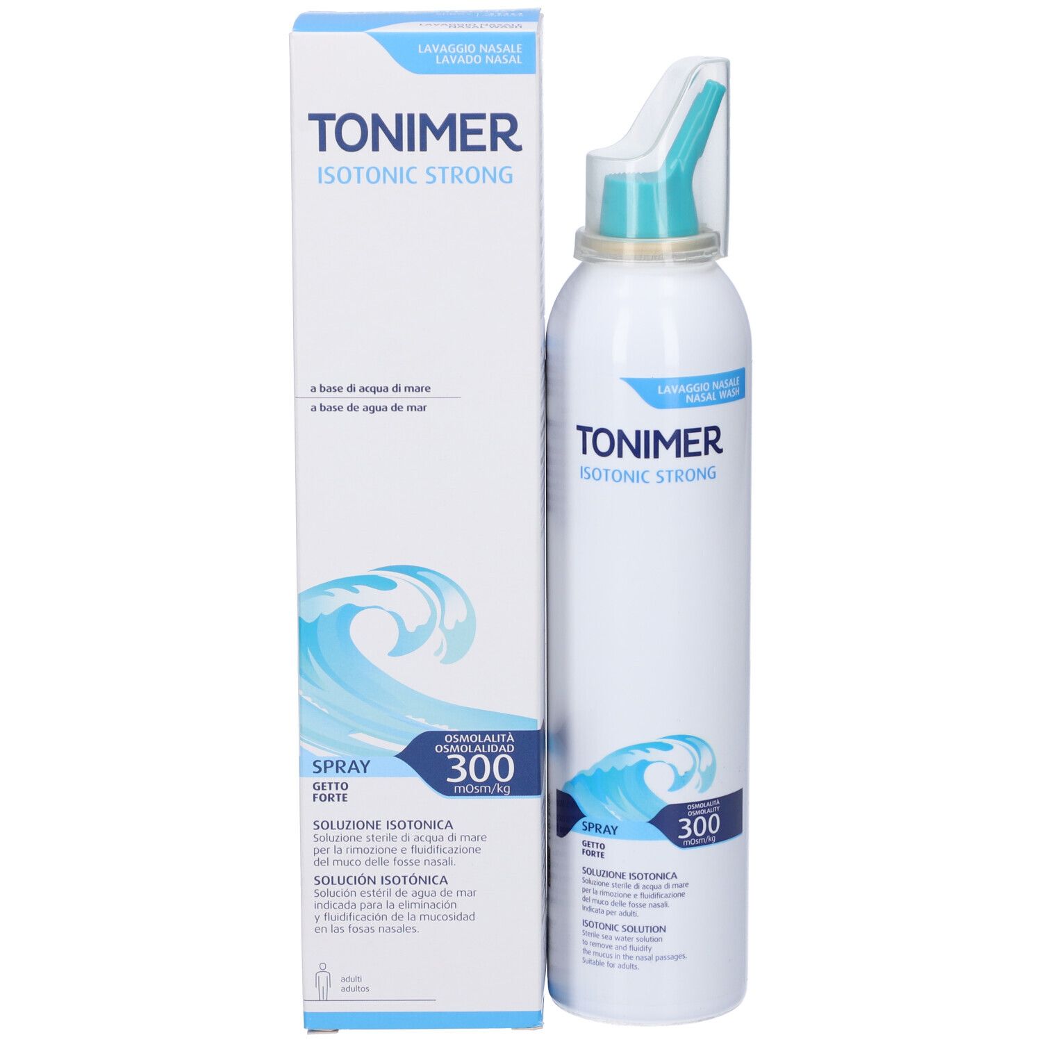 Flacone spray nasale e confezione. Confezione: bianca con stampa blu. Flacone: bianco con stampa blu. Scritta: TONIMER ISOTONIC STRONG.