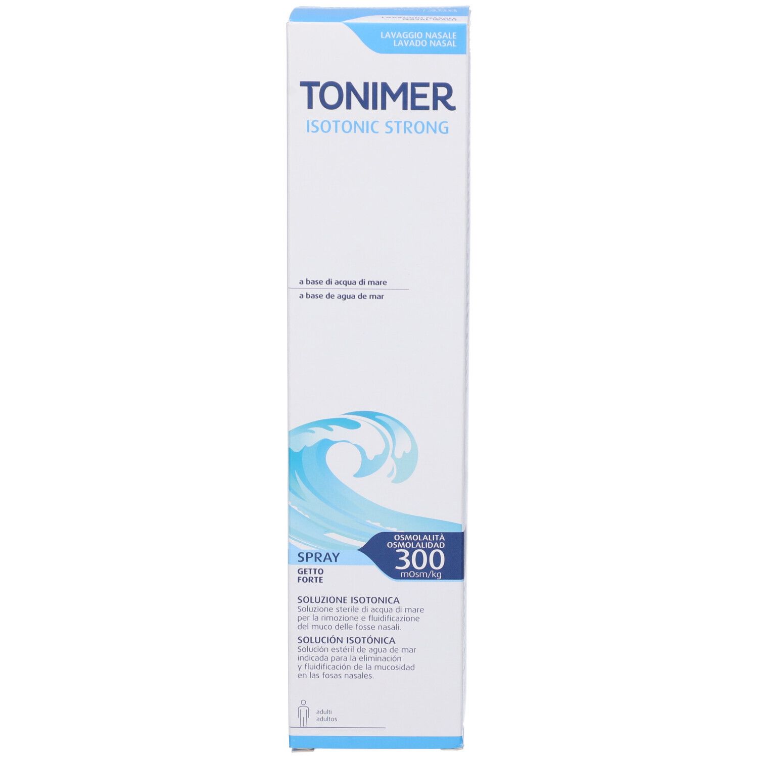 Confezione per spray nasale. Bianca con stampa blu. Scritta: TONIMER ISOTONIC STRONG.