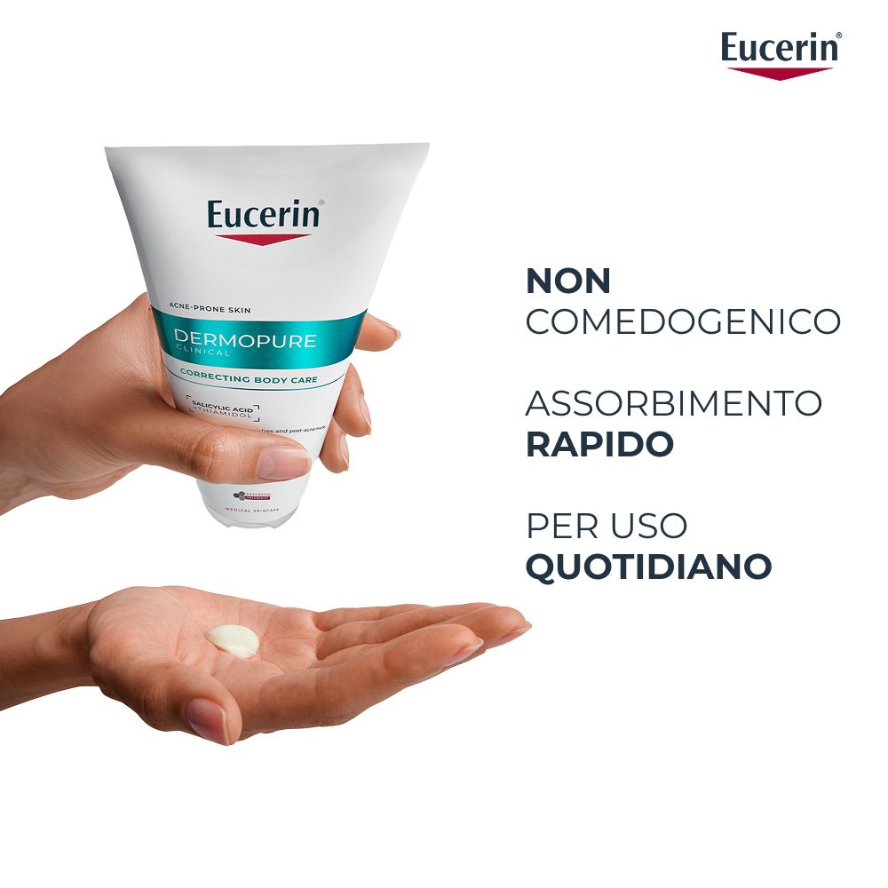 Mano con crema. Testo: Non comedogenico, assorbimento rapido, per uso quotidiano.