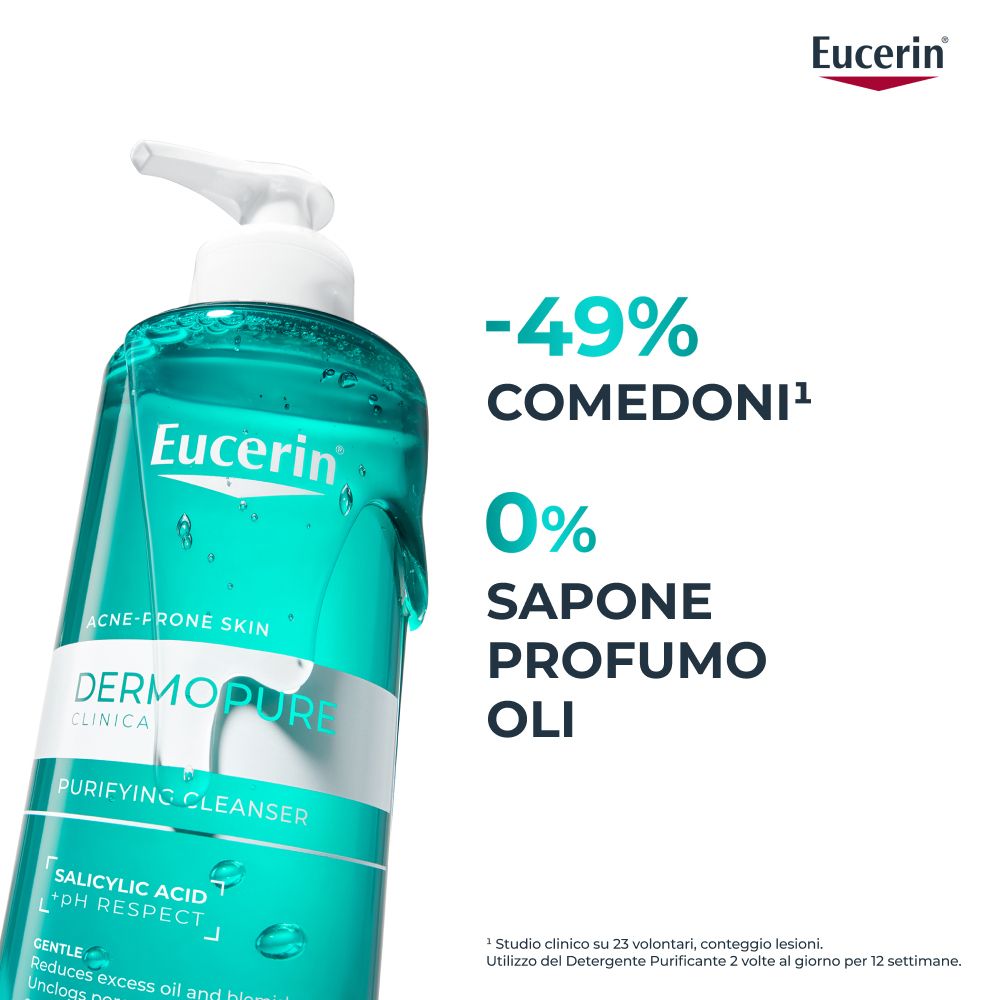 Flacone Eucerin Dermopure con testo. Testo: -49% comedoni, 0% sapone, profumo, oli. Logo Eucerin.