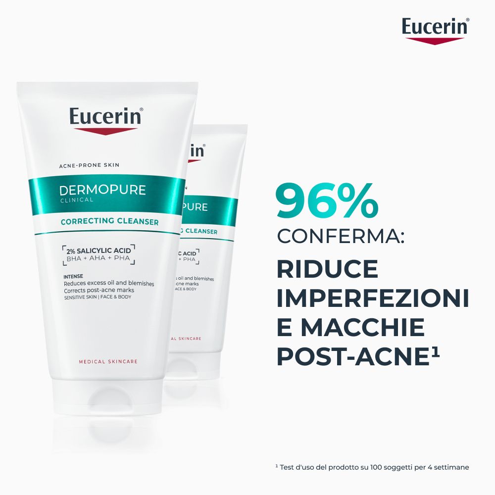 Due tubi. Scritta: Eucerin, Acne-Prone Skin, Dermopure Clinical, Correcting Cleanser. 96% riducono le imperfezioni.