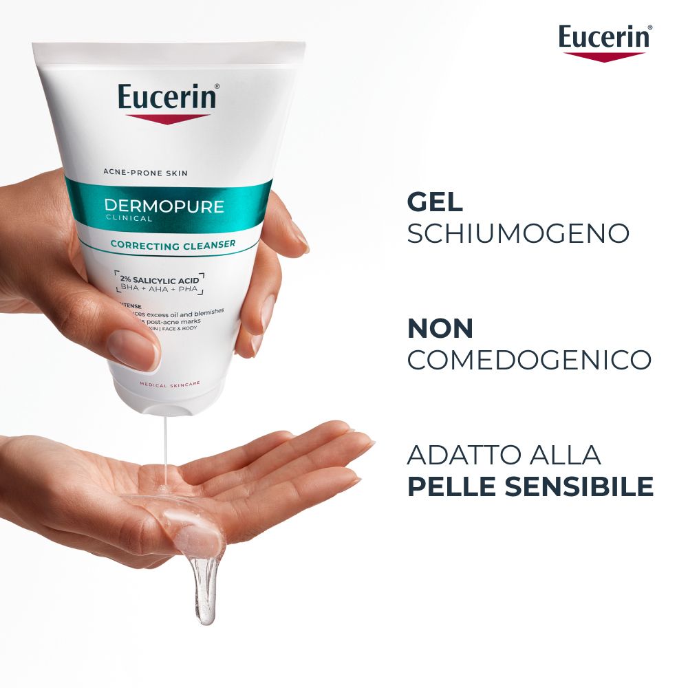 Mano con prodotto. Scritta: Eucerin, Acne-Prone Skin, Dermopure, Correcting Cleanser. Texture gel.