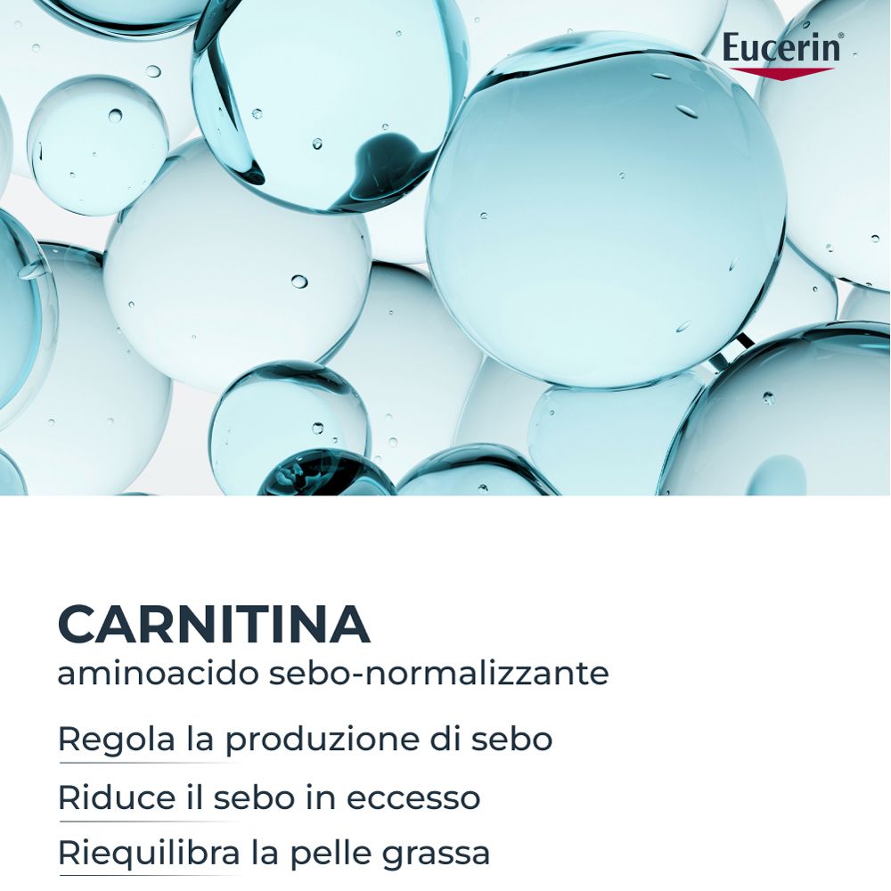Immagine di carnitina. Testo: Regola la produzione di sebo, riduce il sebo in eccesso, riequilibra la pelle grassa.