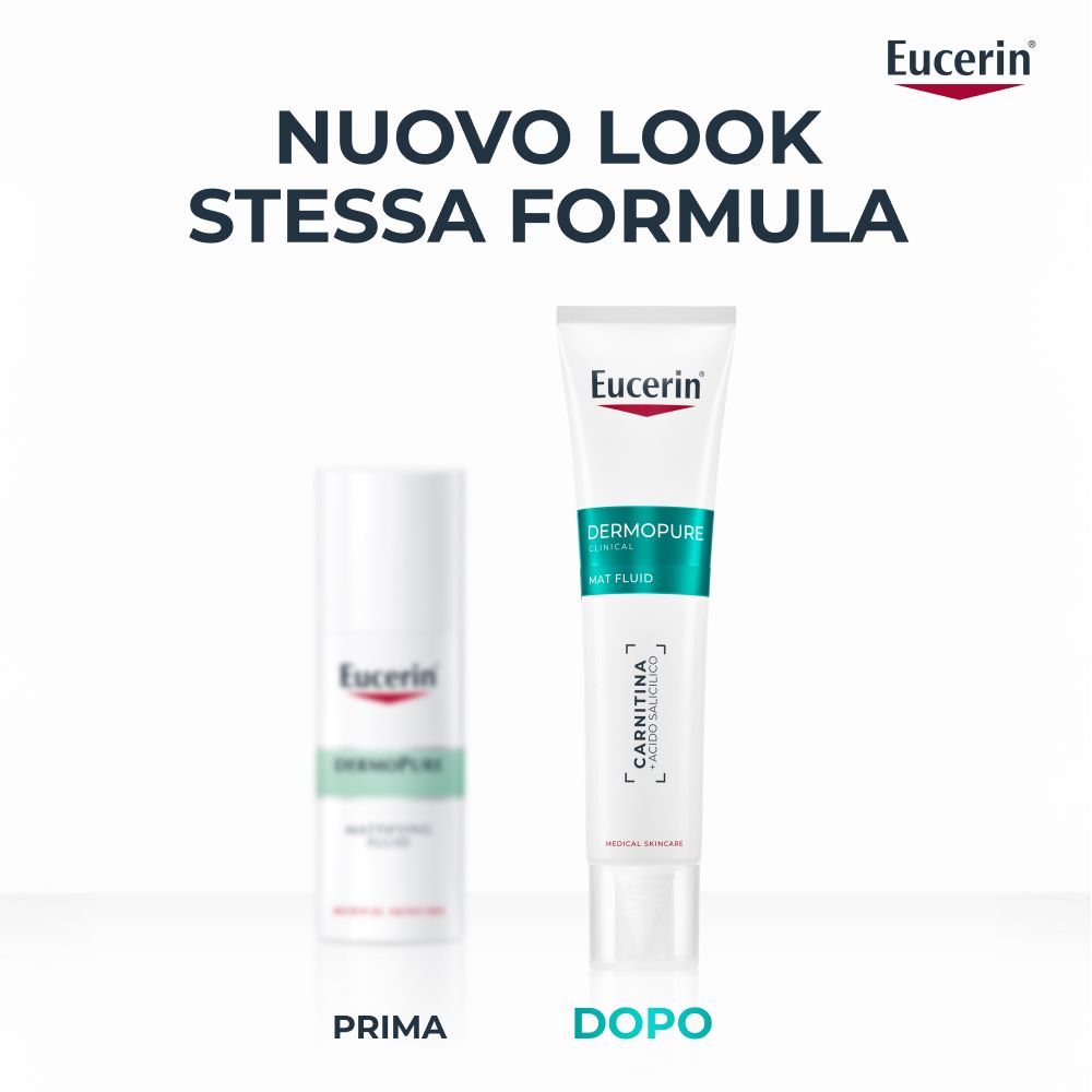 Confronto prima-dopo. Sinistra: vecchia confezione. Destra: nuova confezione. Prodotto: Eucerin Dermopure Mat Fluid.