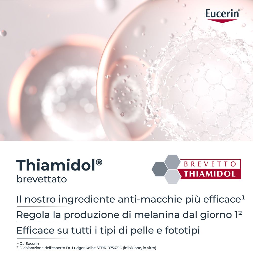 Logo Thiamidol. Testo: Agente antimacchie più efficace. Regola la produzione di melanina. Per tutti i tipi di pelle.
