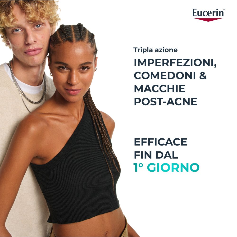 Due persone. Testo: Tripla Azione. Imperfezioni, comedoni e post-acne. Efficace dal 1° giorno. Logo Eucerin.