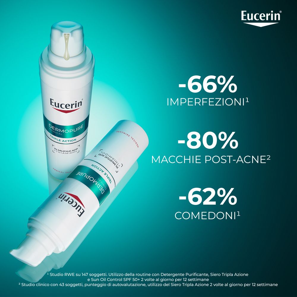 Due flaconi Eucerin Dermopure Clinical. Testo: -66% imperfezioni, -80% macchie post-acne, -62% comedoni.