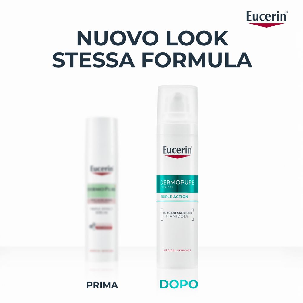 Due flaconi Eucerin Dermopure Clinical. Testo: Nuovo look, stessa formula. Prima/Dopo.