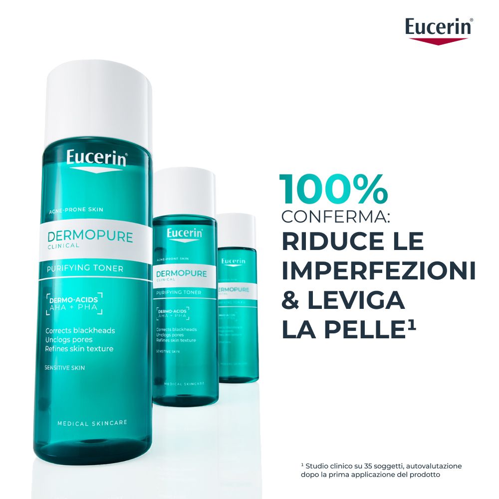 Tre flaconi Eucerin Dermopure Tonico Purificante. Testo: Riduce le imperfezioni & leviga la pelle.