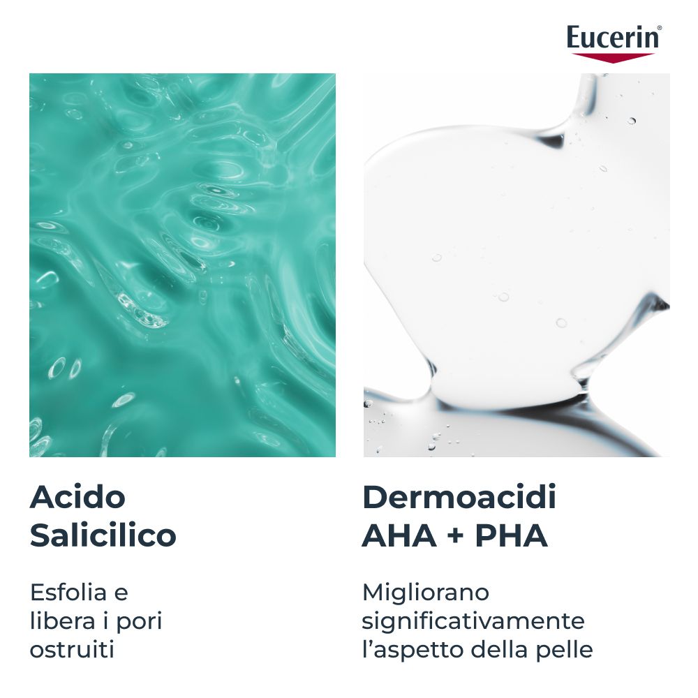 Primo piano di liquido. Testo: Acido Salicilico, AHA + PHA. Logo Eucerin.