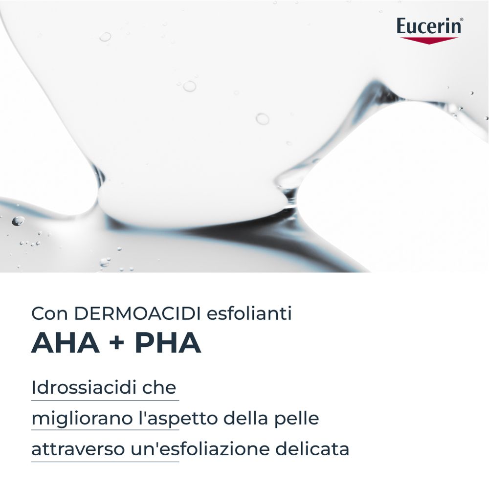 Primo piano di liquido. Testo: AHA + PHA. Logo Eucerin.