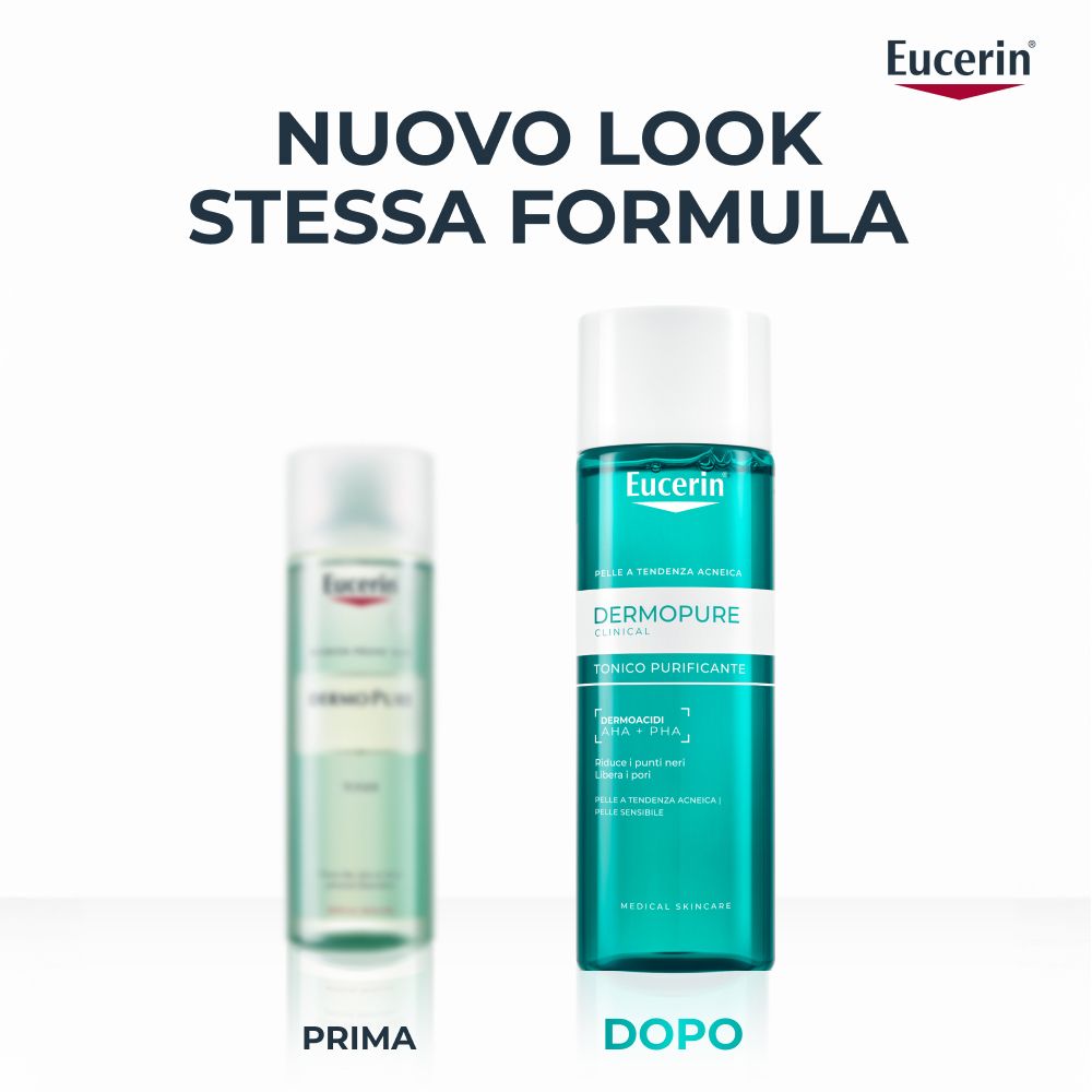 Due flaconi Eucerin Dermopure Tonico Purificante. Prima/Dopo. Logo Eucerin.