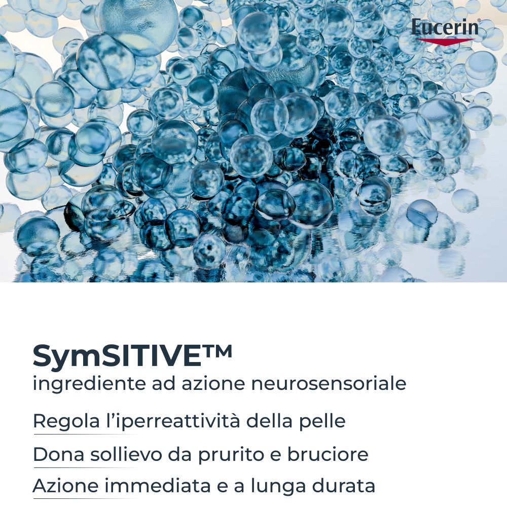 SymSitive. Agisce sulla neurosensorialità. Allevia prurito e bruciore. Azione immediata e duratura. Logo Eucerin.