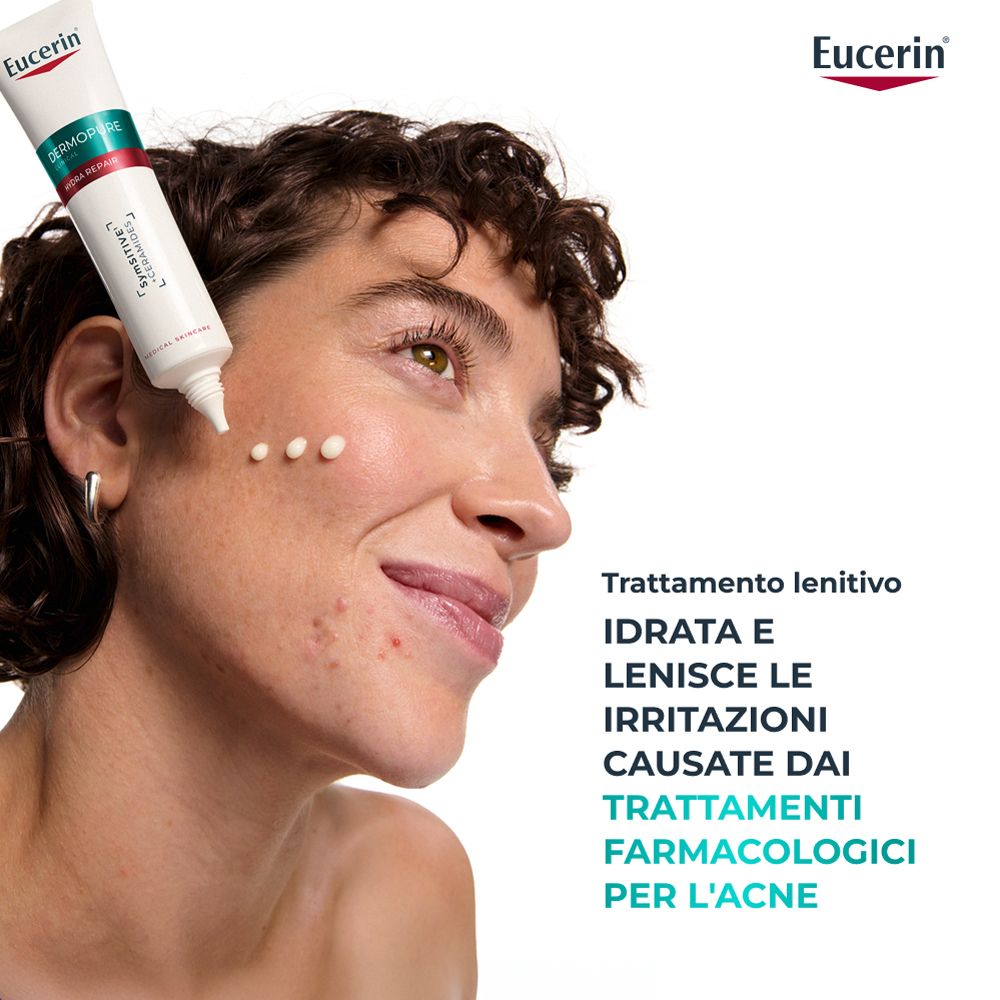 Donna applica crema. Eucerin Dermopure Hydra Repair. Lenisce le irritazioni da trattamenti per l'acne. Logo Eucerin.
