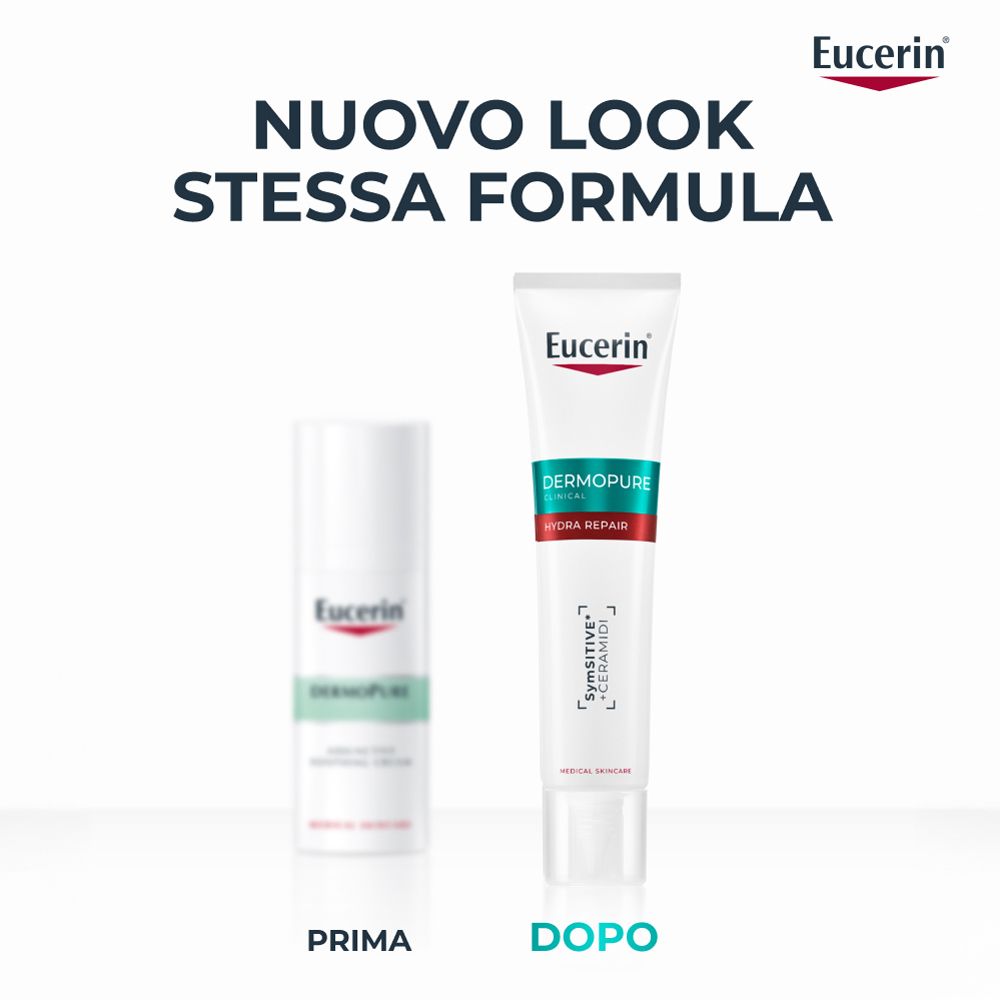 Confronto prima-dopo. Eucerin Dermopure Hydra Repair. Nuovo look, stessa formula. Due tubi. Logo Eucerin.